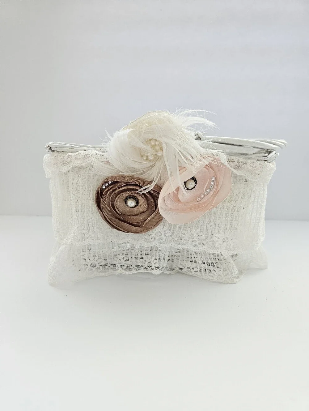 Vintage Shabby Chic Flower Girl Basket Lace Ostrich Feather Cottagecore